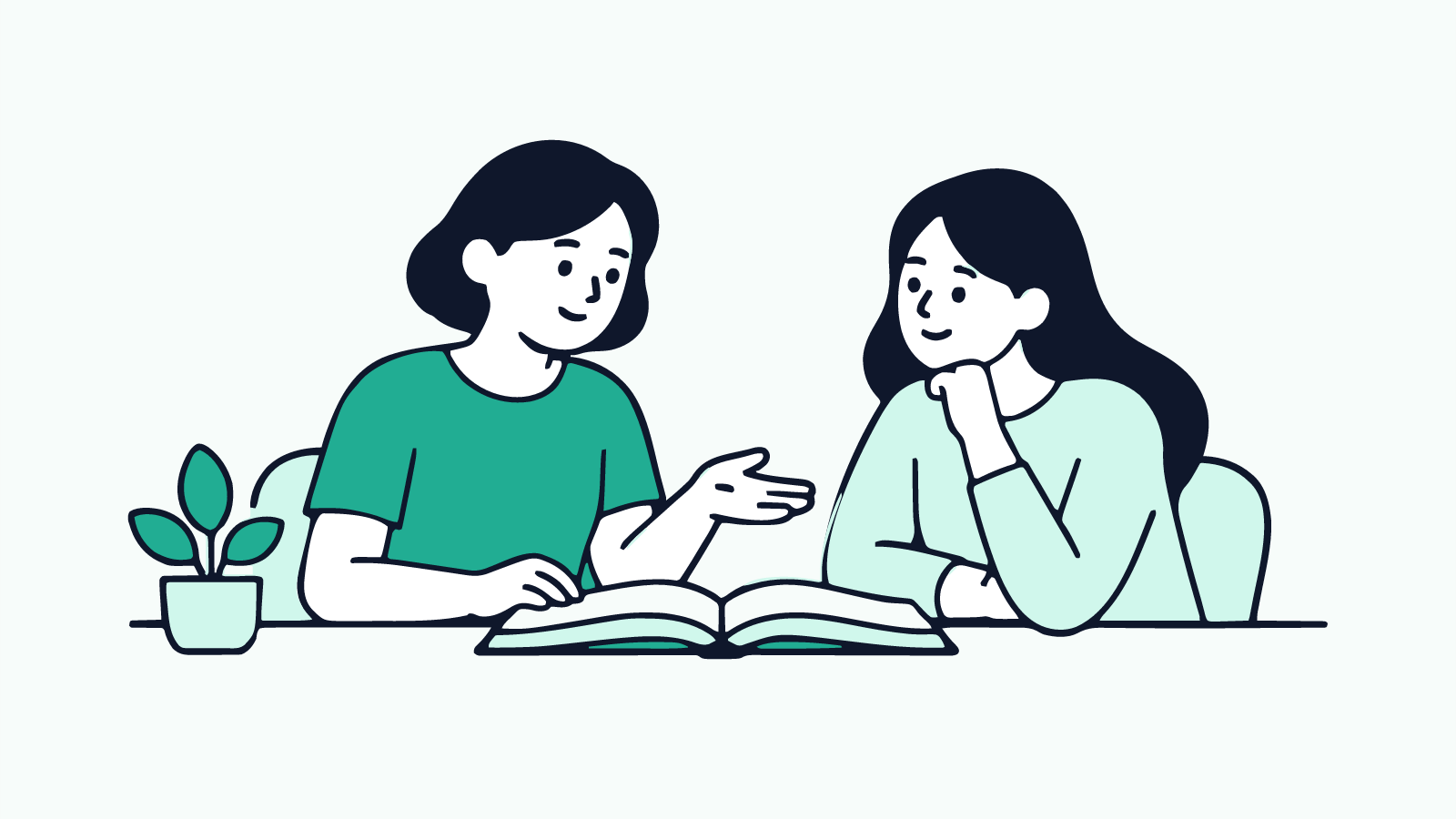兩位人物一起閱讀並討論書中內容的品牌綠插畫。