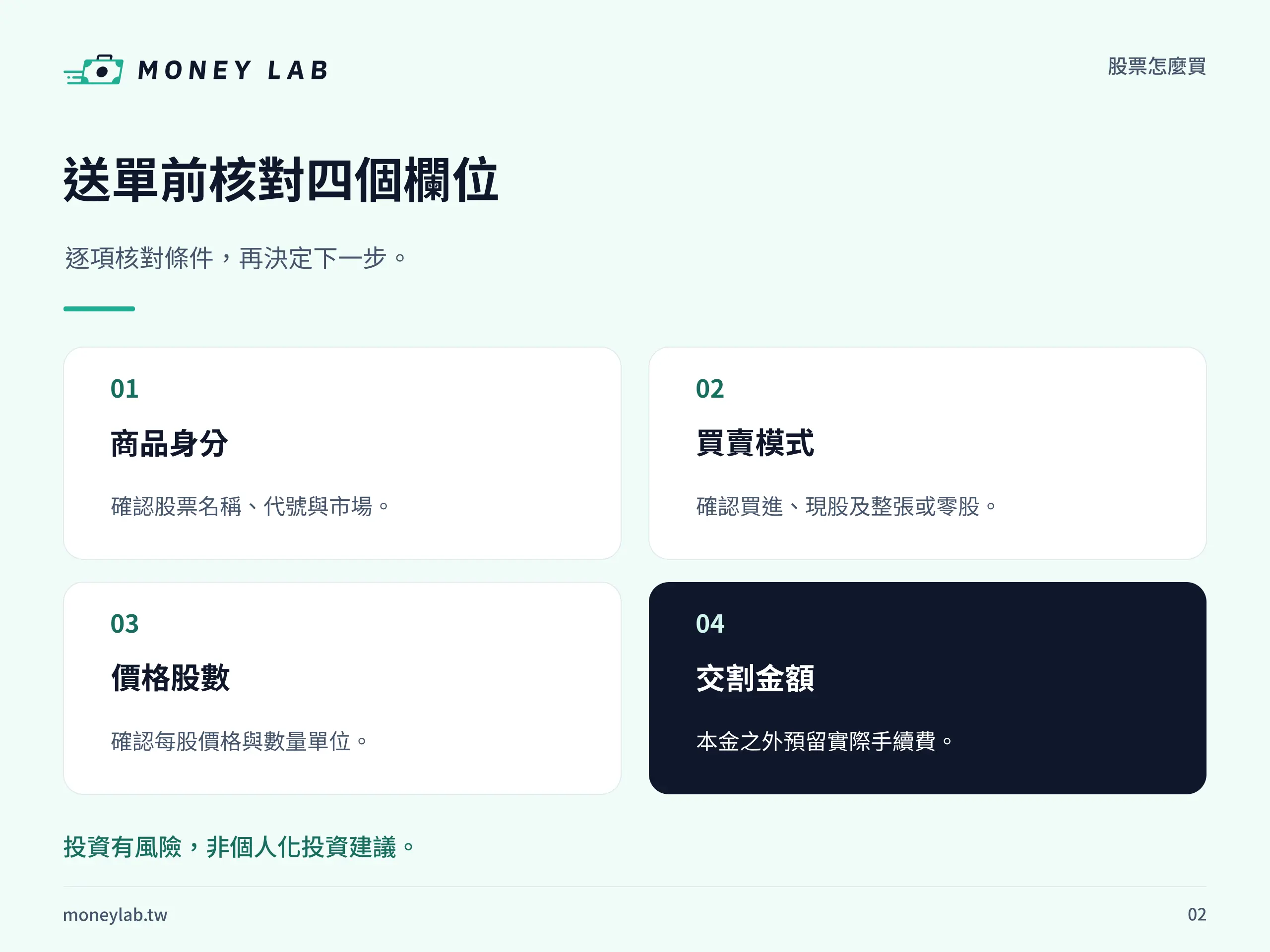 送單前核對四個欄位。逐項核對條件，再決定下一步。