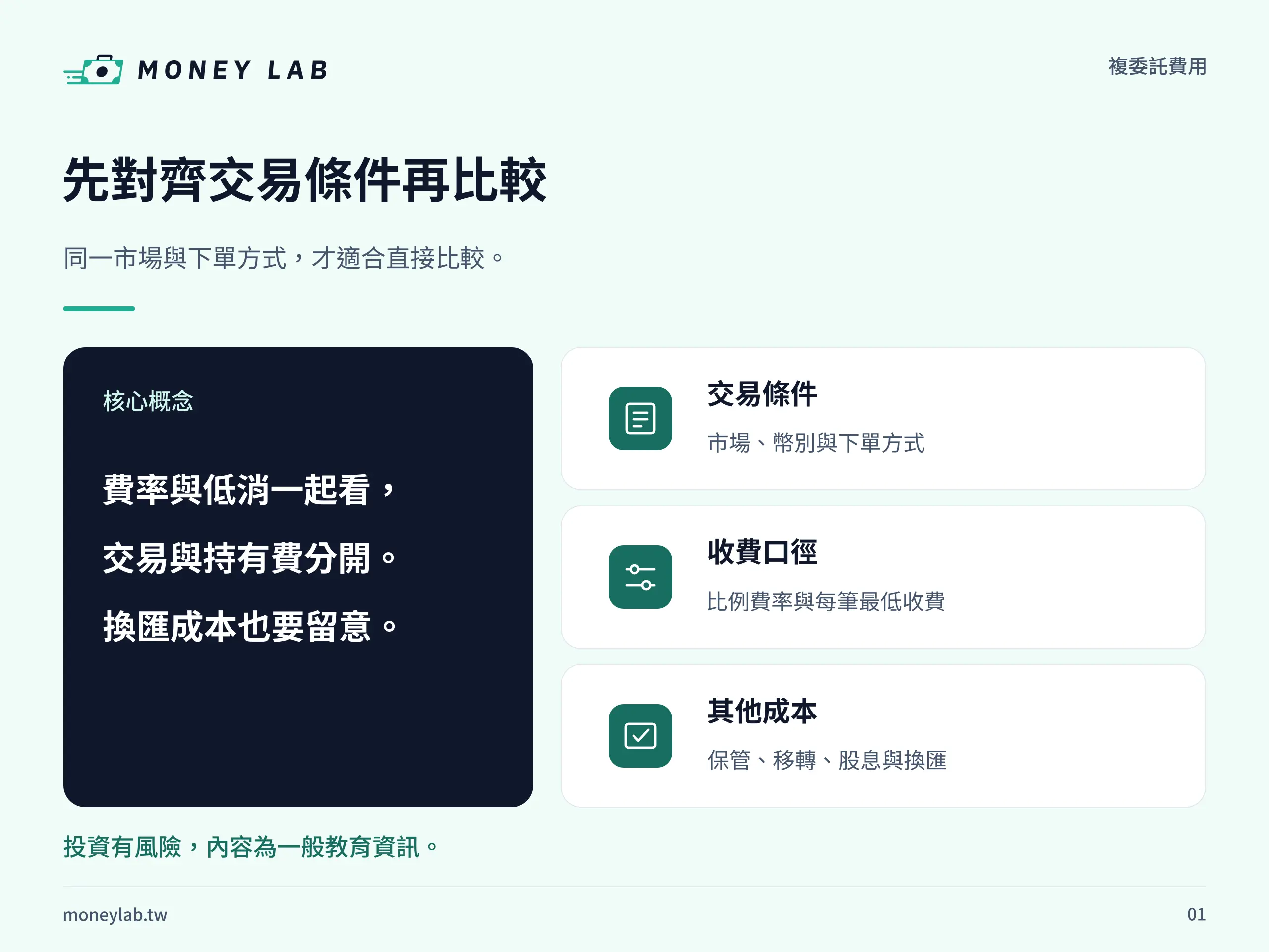 比較複委託費用前,核對交易條件、比例費率、最低收費及其他成本